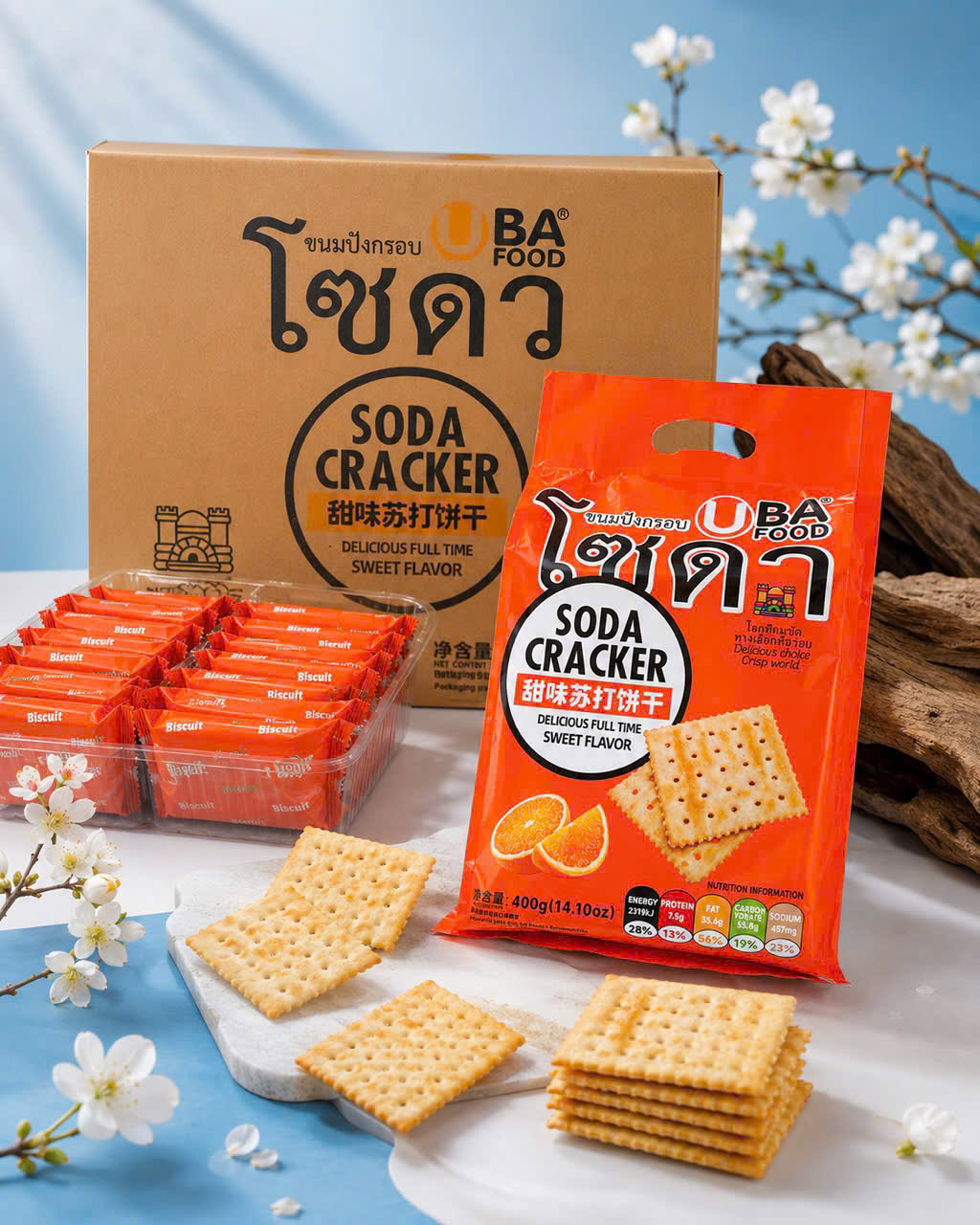 BÁNH SODA CRACKER VỊ CAM - THÙNG 20 TÚI X 400G
