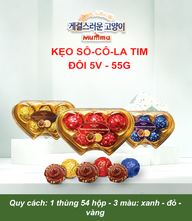 KẸO SOCOLA TIM ĐÔI HỘP KÍNH 5 VIÊN (55G)